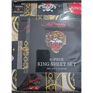 Ed Hardy 6 piece king sheet set love kills slow black gold skull heart white NIP